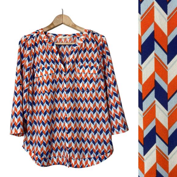 41 Hawthorn Blouse Size Medium Button Up Geometric Print Orange Blue Roll Tab - Picture 1 of 8
